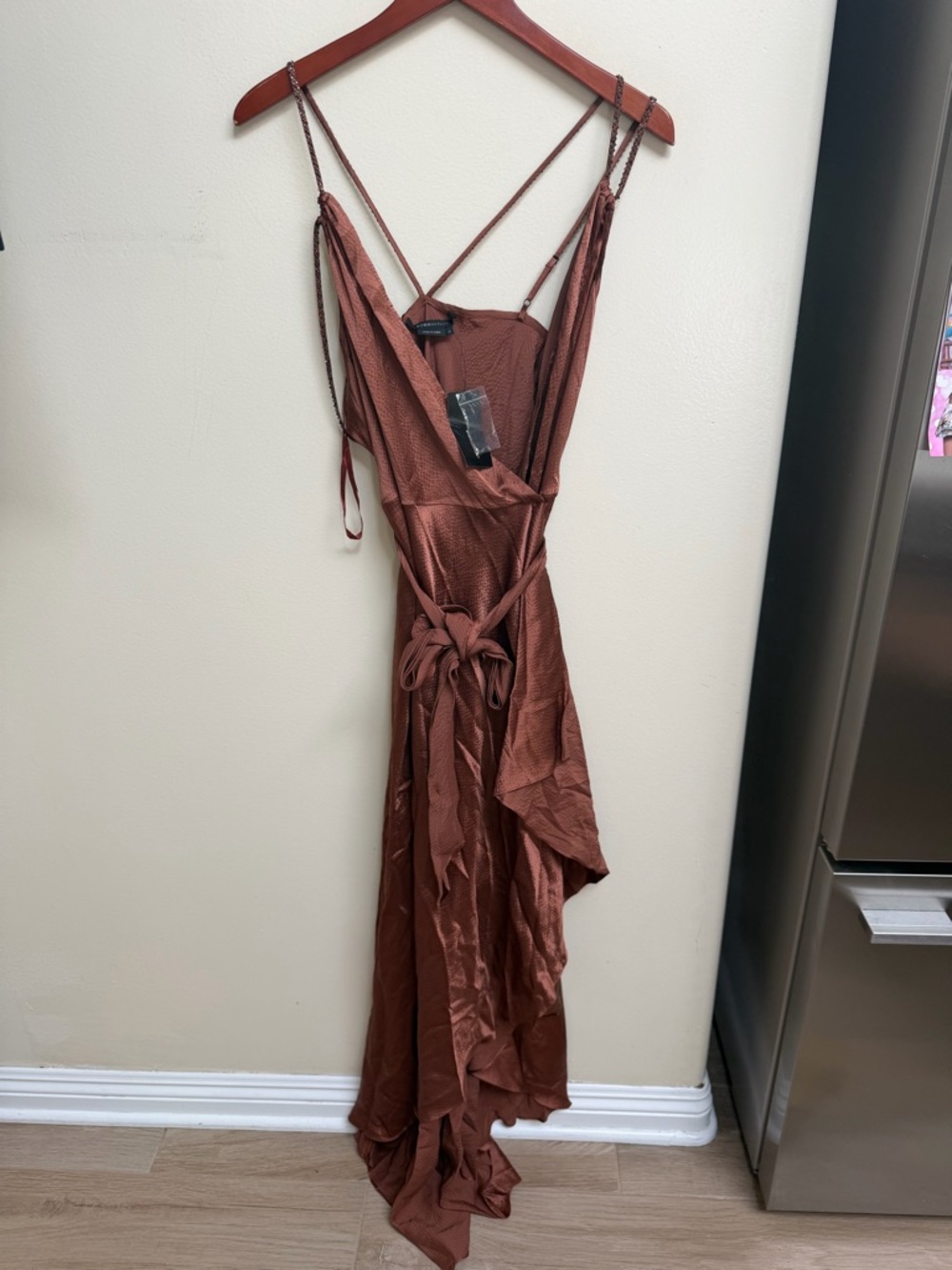 NWT BCBG Rust Brown Satin Wrap Maxi 
 Dress with Spaghetti Straps